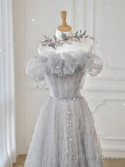 Gray Tulle Off Shoulder Long Prom Dress, Gray Evening Dress