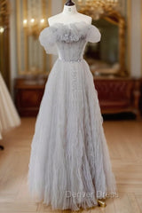 Gray Tulle Off Shoulder Long Prom Dresses, Gray Evening Dresses