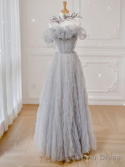 Gray Tulle Off Shoulder Long Prom Dress, Gray Evening Dress