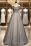 Gray Tulle Off the Shoulder Beading Formal Prom Dresses