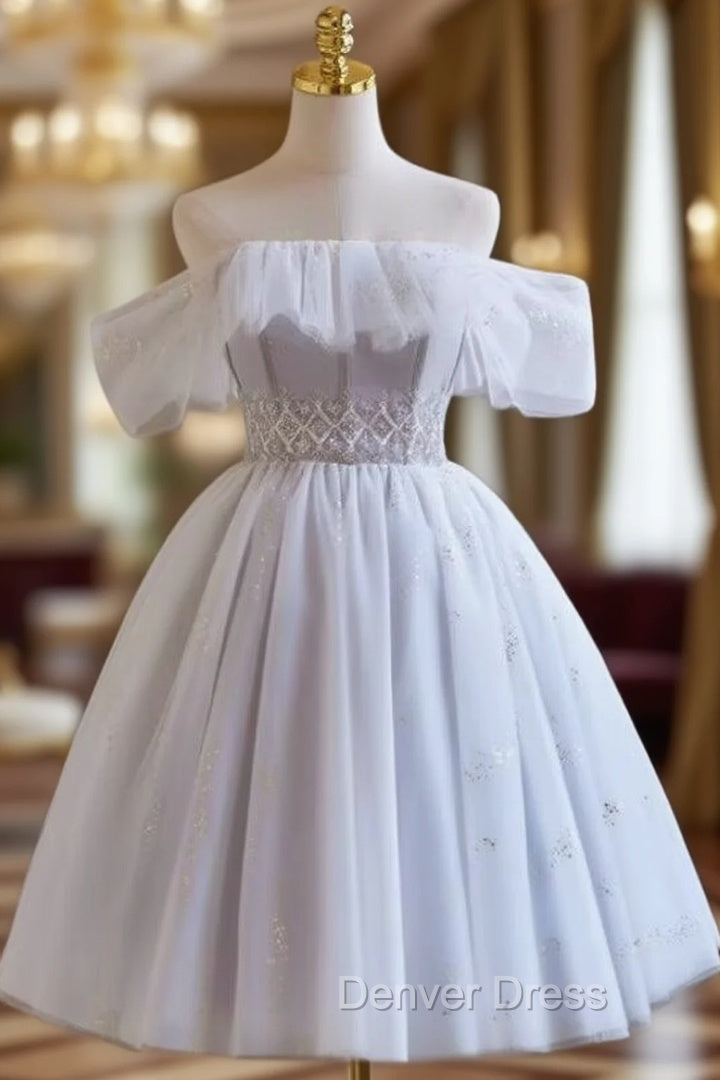 Gray Tulle Off the Shoulder Beading Homecoming Dresses Main image