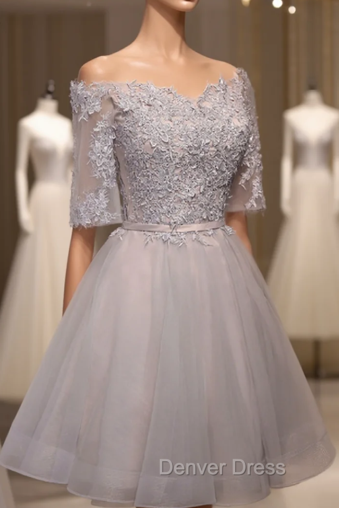Gray Tulle Off The Shoulder Lace Homecoming Dresses Main image