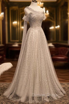 Gray Tulle One Shoulder Long Prom Dresses, Gray Formal Graduation Dresses with Beading