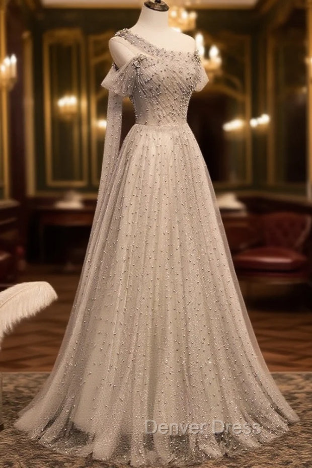 Gray Tulle One Shoulder Long Prom Dresses, Gray Formal Graduation Dresses with Beading