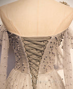 Gray Tulle One Shoulder Long Prom Dress, Gray Prom Graduation Dresses with Beading