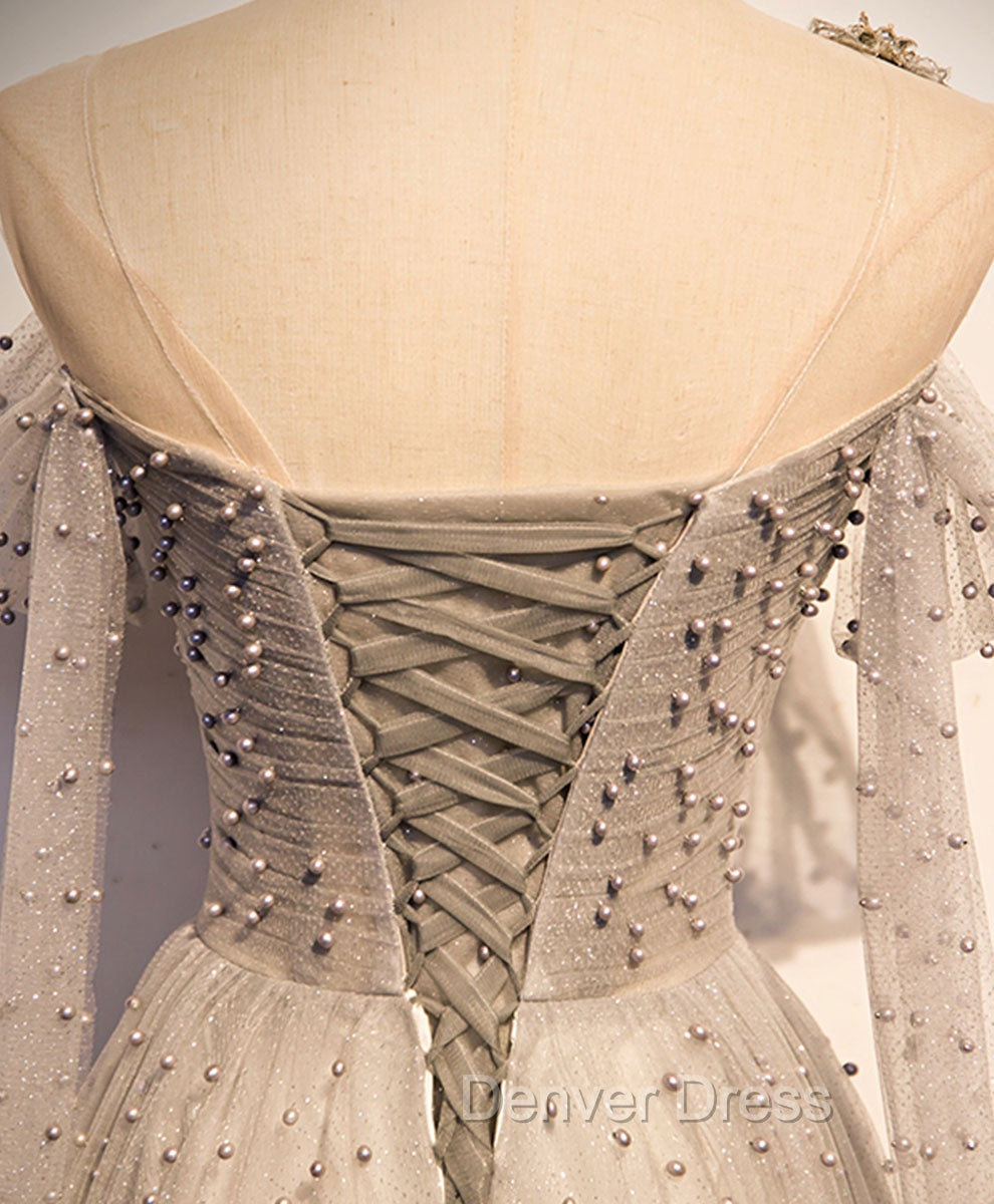 Gray Tulle One Shoulder Long Prom Dress, Gray Prom Graduation Dresses with Beading