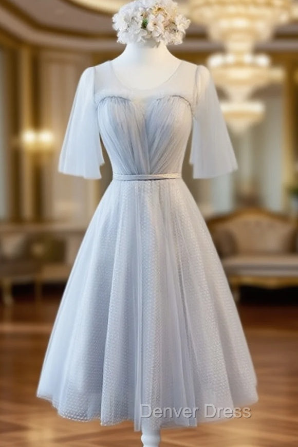 Gray Tulle Pleats Backless Bridesmaid Dresses