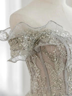 Gray Tulle Sequin Lace Off Shoulder Long Prom Dresses, Gray Evening Dresses
