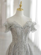 Gray Tulle Sequin Lace Off Shoulder Long Prom Dresses, Gray Evening Dresses