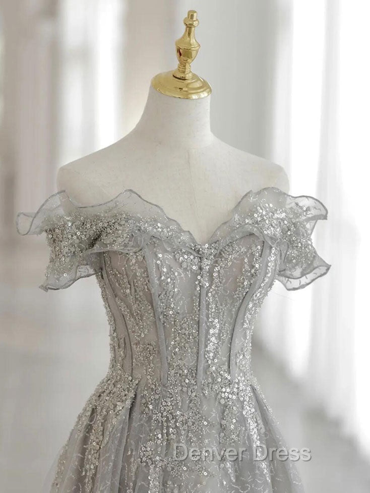 Gray Tulle Sequin Lace Off Shoulder Long Prom Dresses, Gray Evening Dresses