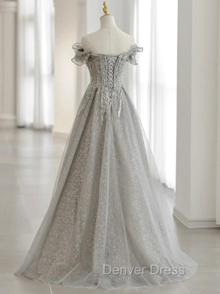Gray Tulle Sequin Lace Off Shoulder Long Prom Dresses, Gray Evening Dresses Secondary image