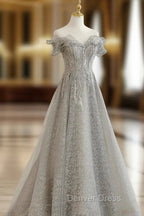 Gray Tulle Sequin Lace Off Shoulder Long Prom Dresses, Gray Evening Dresses