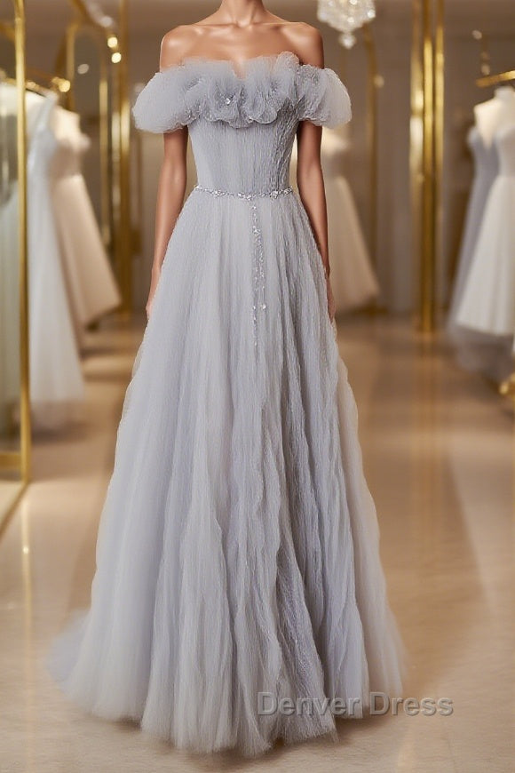 Gray tulle sequin long prom Dress, gray tulle Prom Dresses Main image