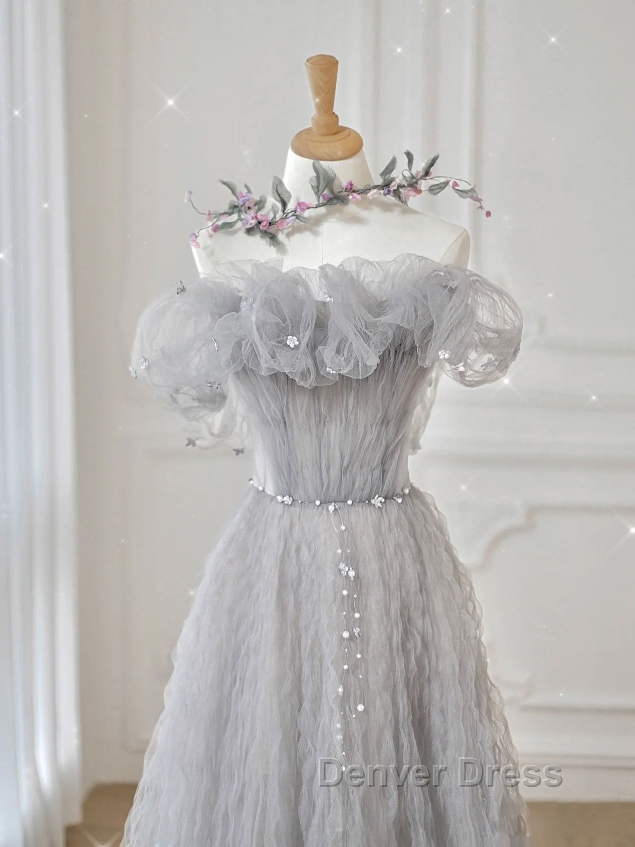 Gray tulle sequin long prom Dress, gray tulle Prom Dresses Secondary image