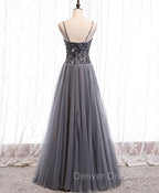 Gray Tulle Sequin Long Prom Dresses, Gray Tulle Formal Dresses with Beading Sequin