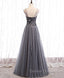 Gray Tulle Sequin Long Prom Dresses, Gray Tulle Formal Dresses with Beading Sequin