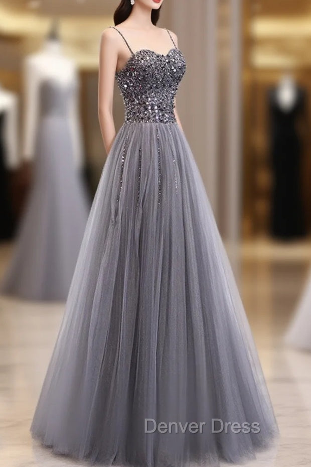 Gray Tulle Sequin Long Prom Dresses, Gray Tulle Formal Dresses with Beading Sequin