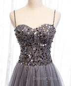 Gray Tulle Sequin Long Prom Dresses, Gray Tulle Formal Dresses with Beading Sequin
