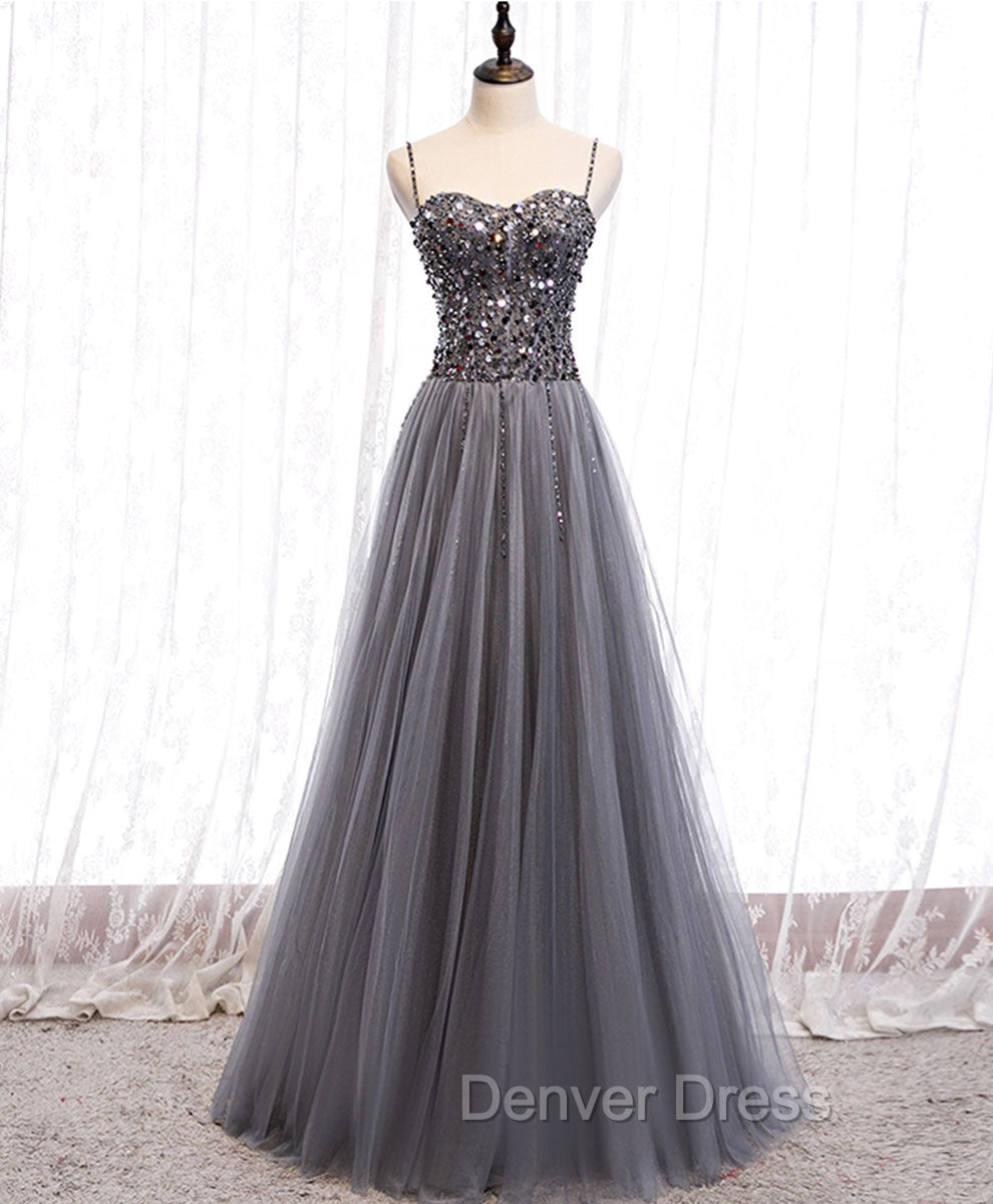Gray Tulle Sequin Long Prom Dresses, Gray Tulle Formal Dresses with Beading Sequin Main image