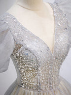 Gray Tulle Sequin Long Prom Dresses, Gray Tulle Formal Graduation Dresses