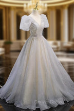 Gray Tulle Sequin Long Prom Dresses, Gray Tulle Formal Graduation Dresses