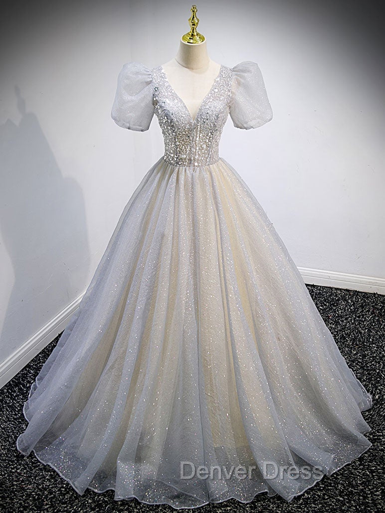 Gray Tulle Sequin Long Prom Dresses, Gray Tulle Formal Graduation Dresses Secondary image