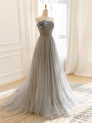 Gray Tulle Sequin Long Prom Dress, Gray Tulle Long Evening Dress