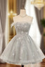 Gray Tulle Sequins Feather Homecoming Dresses
