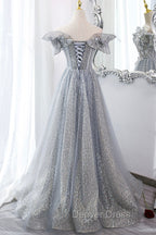 Gray Tulle Sequins Long A Line Prom Dress, Off the Shoulder Graduation Dresses