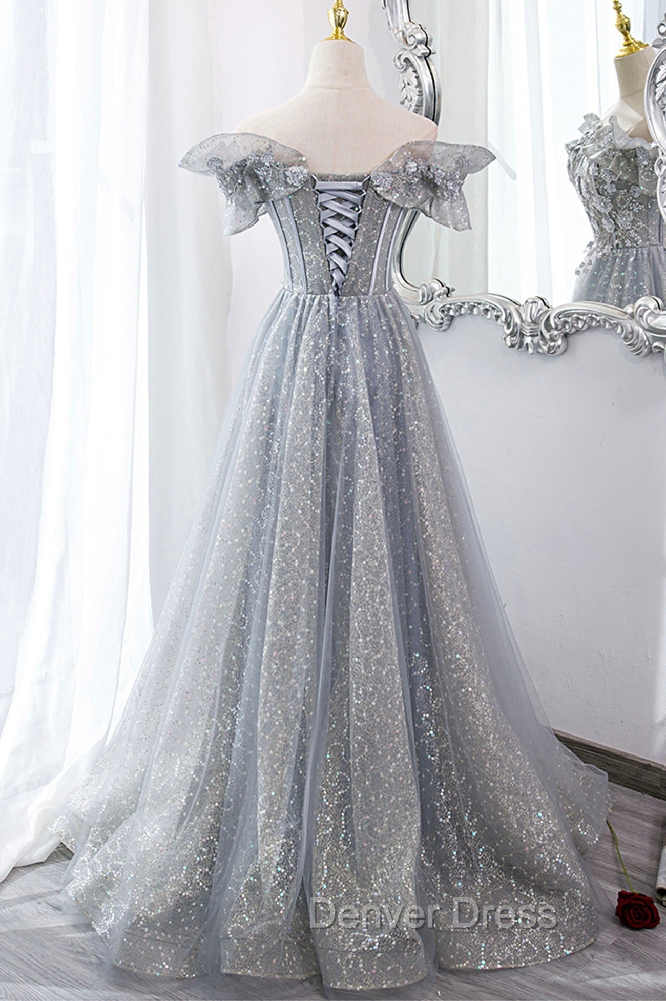 Gray Tulle Sequins Long A Line Prom Dress, Off the Shoulder Graduation Dresses