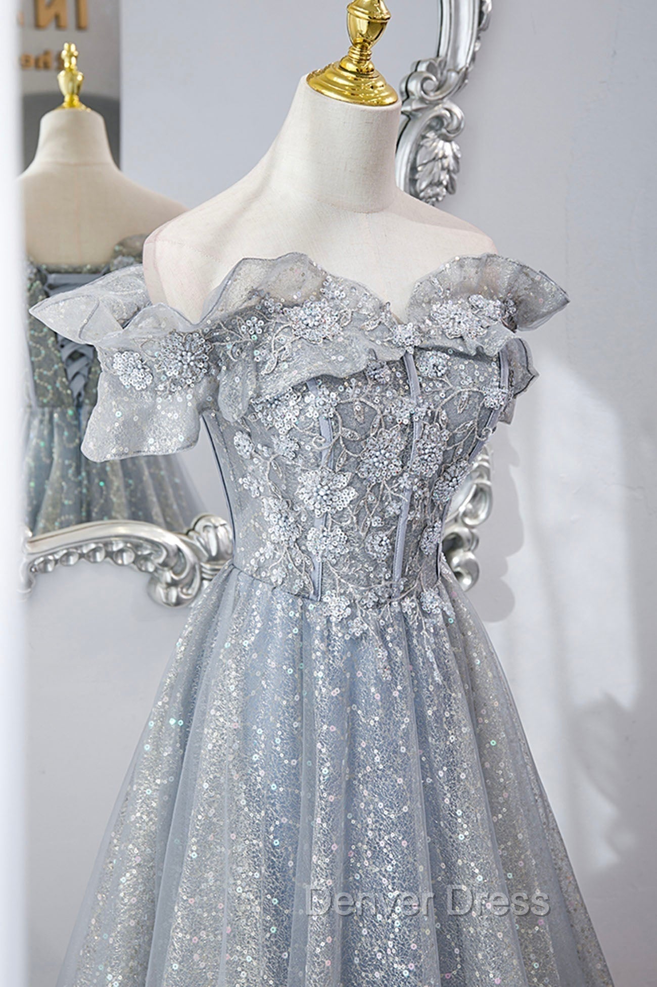 Gray Tulle Sequins Long A Line Prom Dress, Off the Shoulder Graduation Dresses
