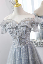 Gray Tulle Sequins Long A Line Prom Dress, Off the Shoulder Graduation Dresses
