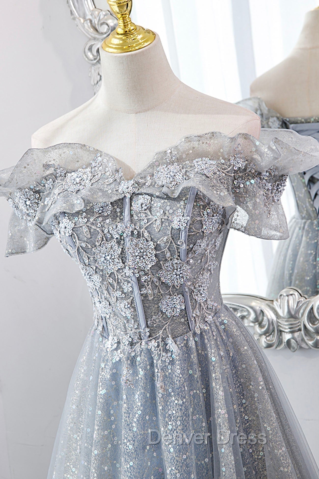 Gray Tulle Sequins Long A Line Prom Dress, Off the Shoulder Graduation Dresses