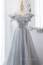 Gray Tulle Sequins Long A Line Prom Dress, Off the Shoulder Graduation Dresses