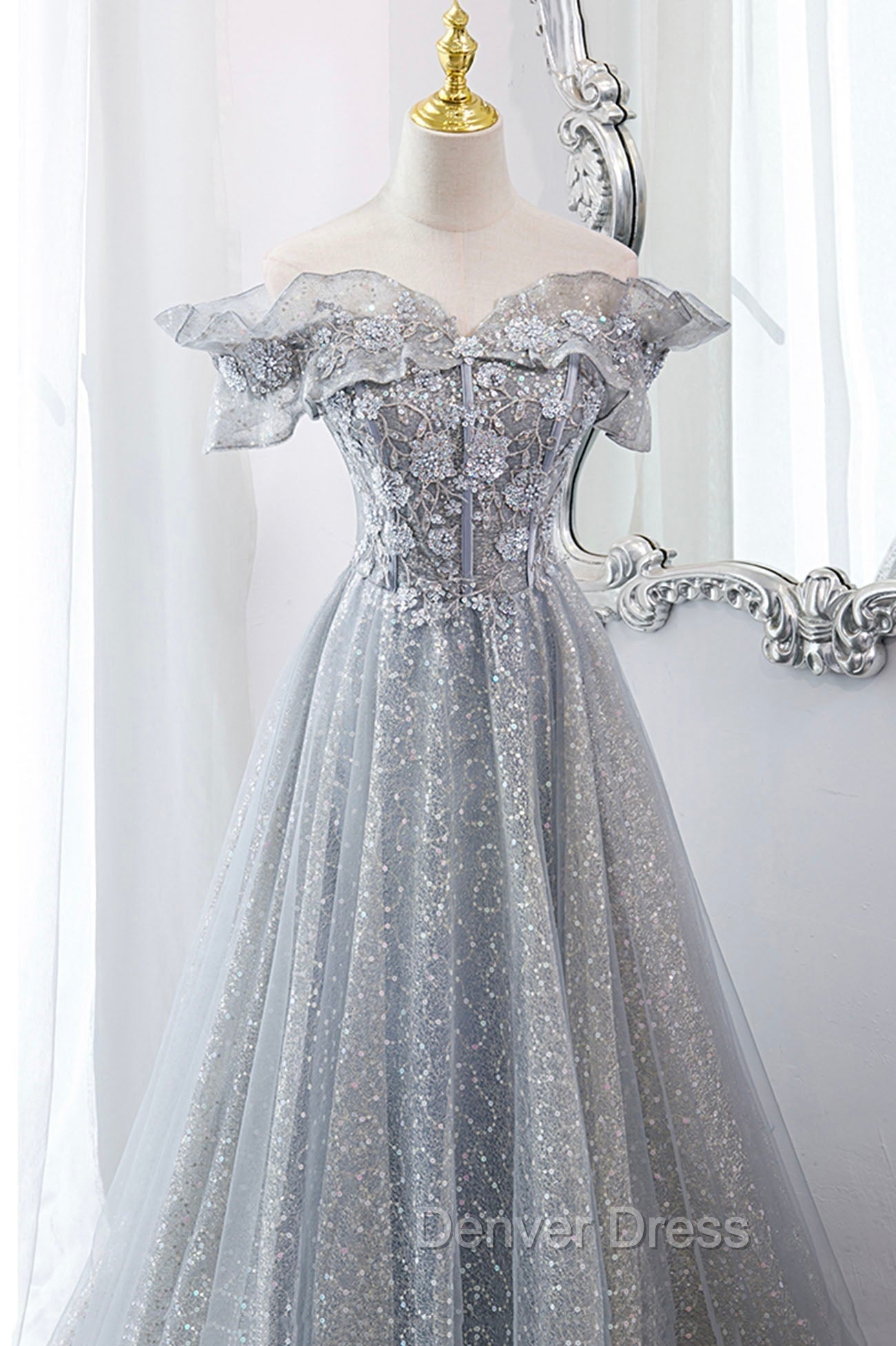 Gray Tulle Sequins Long A Line Prom Dress, Off the Shoulder Graduation Dresses