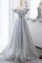 Gray Tulle Sequins Long A Line Prom Dress, Off the Shoulder Graduation Dresses