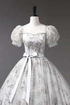 Gray Tulle Sequins Long Prom Dresses, A-Line Evening Party Dresses