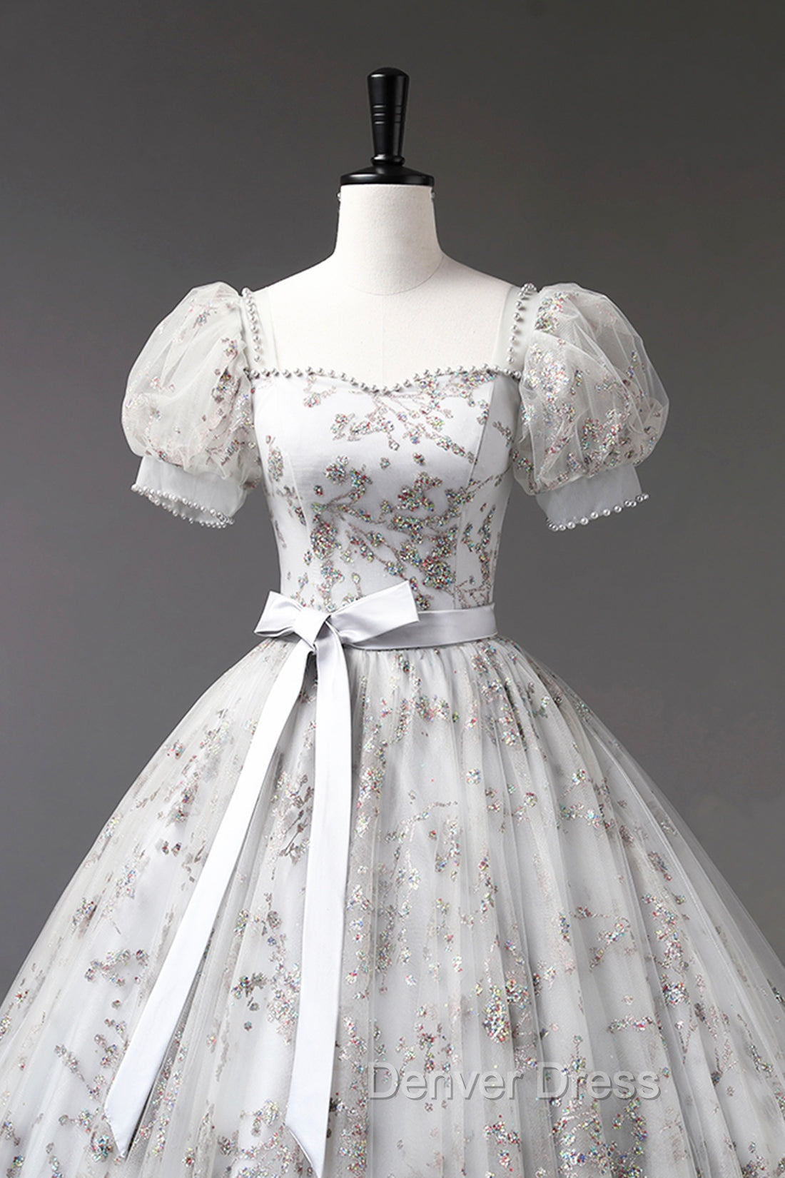 Gray Tulle Sequins Long Prom Dresses, A-Line Evening Party Dresses