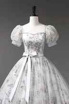 Gray Tulle Sequins Long Prom Dress, A Line Prom Dresses
