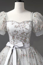 Gray Tulle Sequins Long Prom Dresses, A-Line Evening Party Dresses