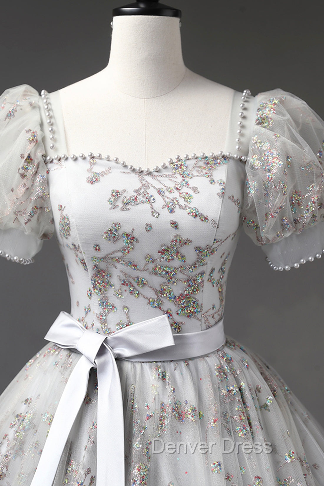 Gray Tulle Sequins Long Prom Dresses, A-Line Evening Party Dresses