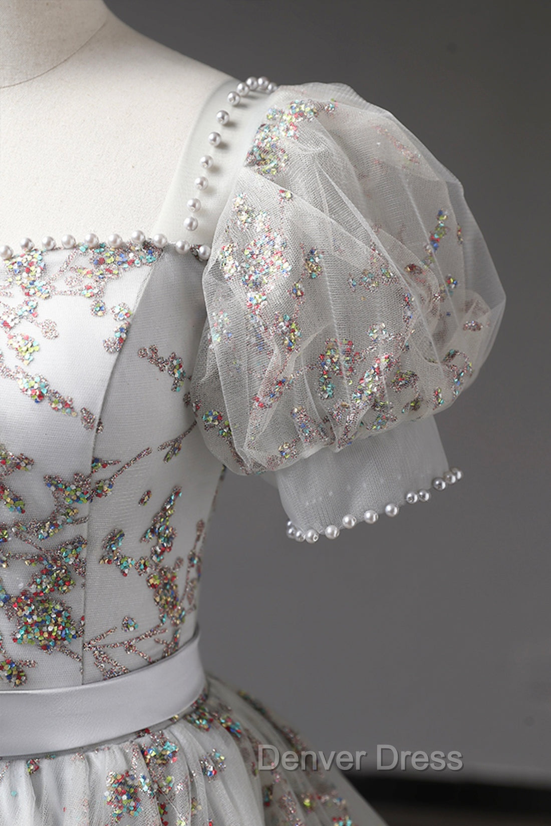 Gray Tulle Sequins Long Prom Dresses, A-Line Evening Party Dresses