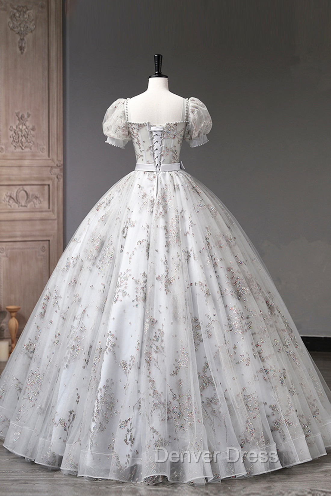 Gray Tulle Sequins Long Prom Dresses, A-Line Evening Party Dresses