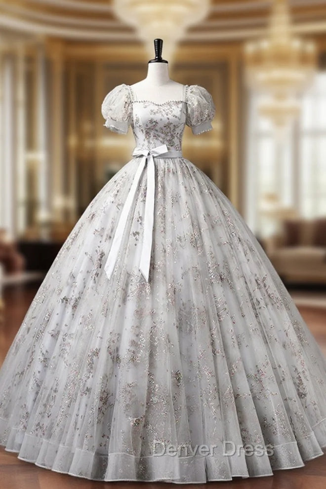 Gray Tulle Sequins Long Prom Dresses, A-Line Evening Party Dresses