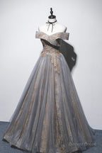 Gray Tulle Sequins Long Prom Dress, Off Shoulder Prom Dresses