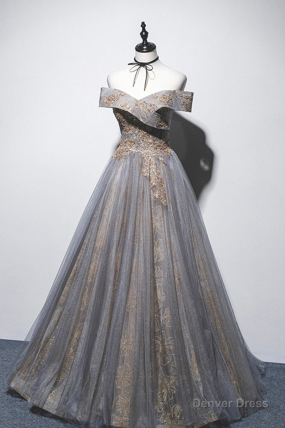 Gray Tulle Sequins Long Prom Dress, Off Shoulder Prom Dresses