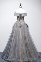 Gray Tulle Sequins Long Prom Dress, Off Shoulder Prom Dresses