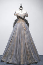 Gray Tulle Sequins Long Prom Dress, Off Shoulder Prom Dresses