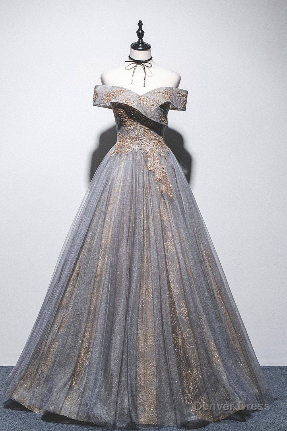 Gray Tulle Sequins Long Prom Dress, Off Shoulder Prom Dresses