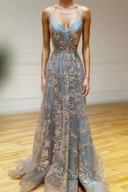 Gray Tulle Sequins Long Prom Dress, A Line Spaghetti Straps Prom Dresses